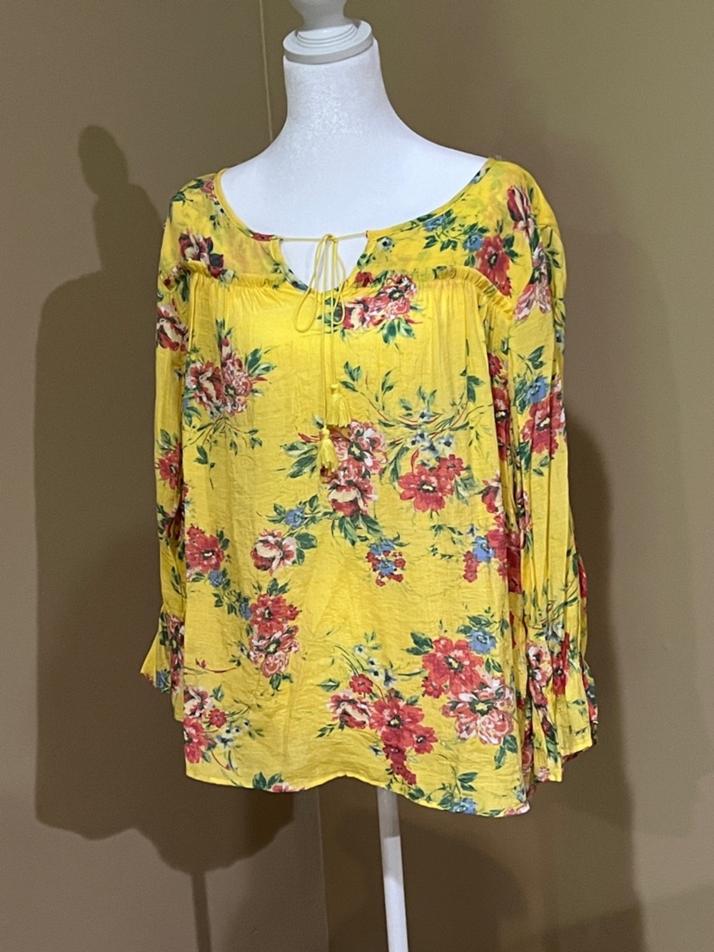 Zac & Rachel Yellow Floral Peasant Blouse - Lightweight Tie-Neck Top
